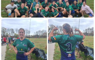 Sandy La Bahn's rugby team poses together for a group photo; below, one player stands smiling and shows the back of her jersey with the number 3 and the name "Hogan"