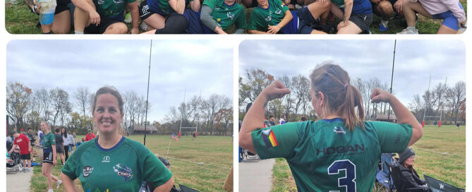 Sandy La Bahn's rugby team poses together for a group photo; below, one player stands smiling and shows the back of her jersey with the number 3 and the name "Hogan"