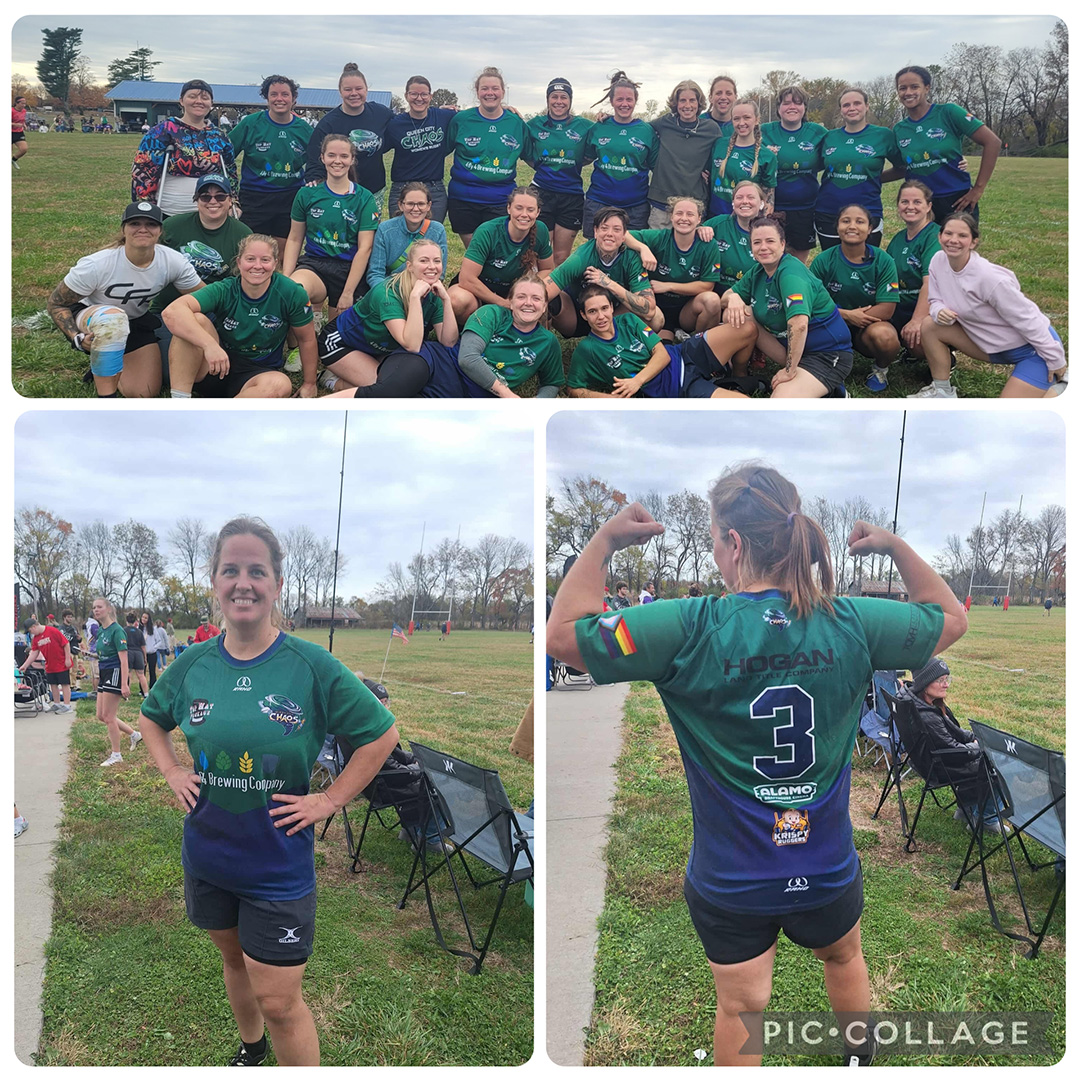 Sandy La Bahn's rugby team poses together for a group photo; below, one player stands smiling and shows the back of her jersey with the number 3 and the name "Hogan"